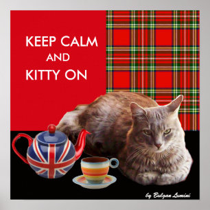 "KEEP CALM AND KITTY ON" ,RED TARTAN,CAT TEA PARTY POSTER