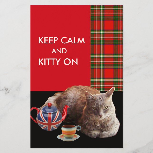 "KEEP CALM AND KITTY ON" ,RED TARTAN,CAT TEA PARTY STATIONERY (Front)