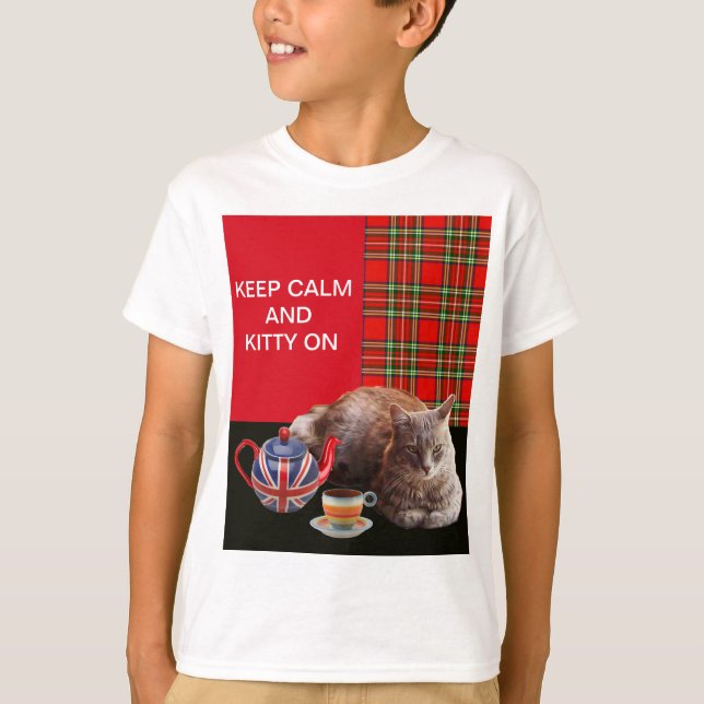 "KEEP CALM AND KITTY ON" ,RED TARTAN,CAT TEA PARTY T-Shirt (Front)