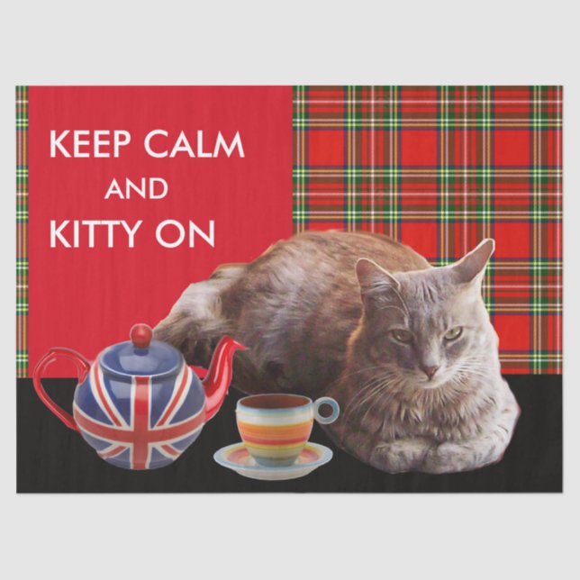 "KEEP CALM AND KITTY ON" ,RED TARTAN,CAT TEA PARTY TISSUE PAPER (Front)