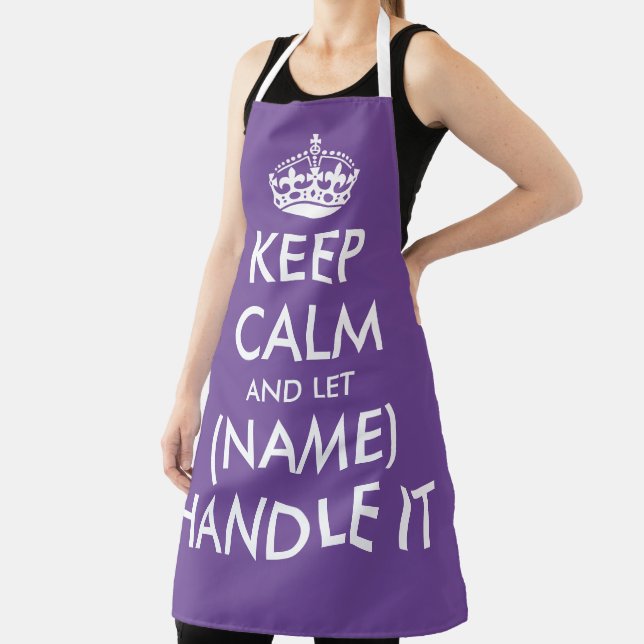 Keep calm and let (name) handle it purple kitchen apron (Insitu)