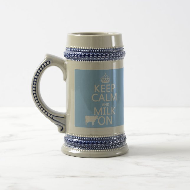 Keep Calm and Milk On (cows) (in all colours) Beer Stein (Left)