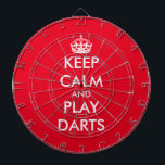 Keep calm and play darts funny custom dartboard<br><div class="desc">Keep calm and play darts funny custom dartboard. Personalise with your own funny parody. Trendy wall decor ideas for home,  pub,  car,  cafe,  restaurant,  man cave,  office and other places to relax. Modern typography template with crown. Red or custom background colour.</div>