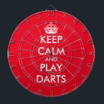 Keep calm and play darts funny custom dartboard<br><div class="desc">Keep calm and play darts funny custom dartboard. Personalise with your own funny parody. Trendy wall decor ideas for home,  pub,  car,  cafe,  restaurant,  man cave,  office and other places to relax. Modern typography template with crown. Red or custom background colour.</div>