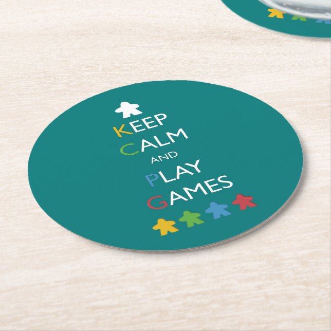 Keep Calm and Play Games | Teal Meeple Board Game Round Paper Coaster (Angled)