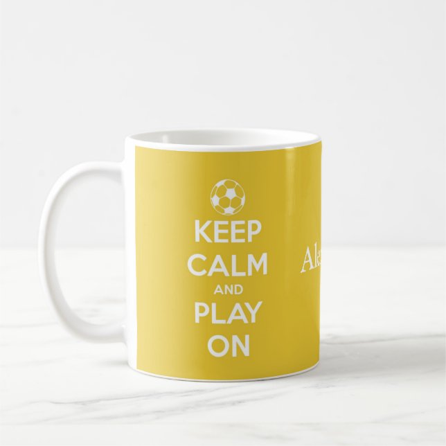 Keep Calm and Play On Yellow and White Soccer Coffee Mug (Left)