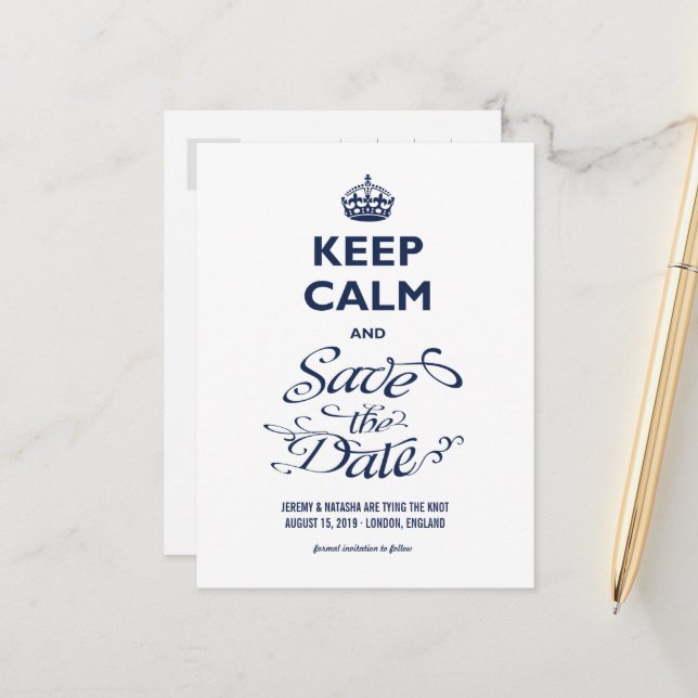Keep Calm And Save The Date Curly Script Funny Announcement Postcard (Front/Back In Situ)