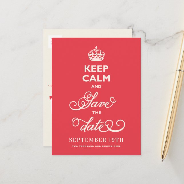 Keep Calm And Save The Date Curly Script Funny Announcement Postcard (Front/Back In Situ)