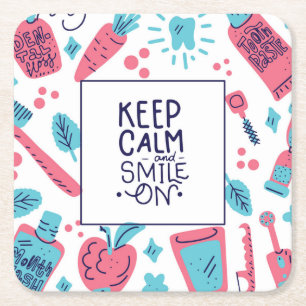 Keep Calm And Smile On Cute Phrase Square Paper Coaster