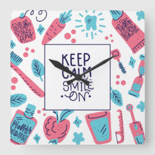 Keep Calm And Smile On   Cute Phrase Square Wall Clock