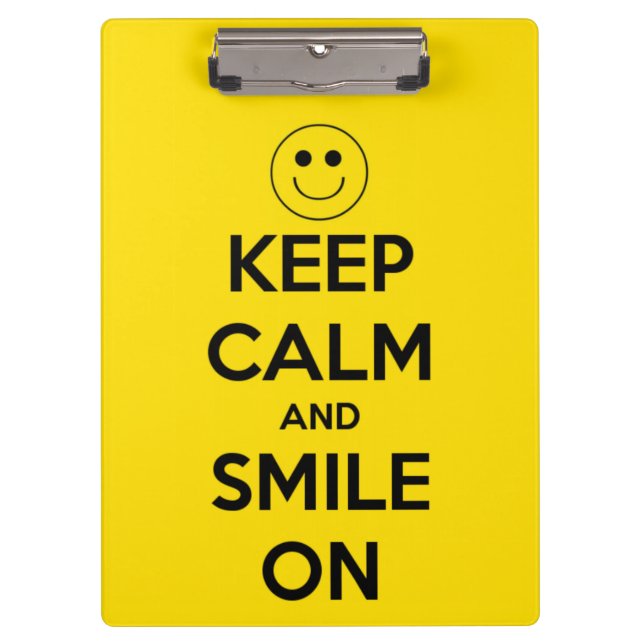 Keep Calm and Smile On Yellow Personalised Clipboard (Front)