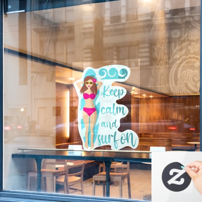 Keep calm and surf on brunette girl Card (Cafe Window)