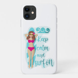 Keep calm and surf on brunette girl Card Case-Mate iPhone Case
