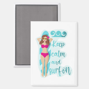 Keep calm and surf on brunette girl Card Magnet