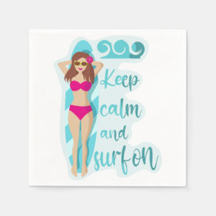 Keep calm and surf on brunette girl Card Napkin
