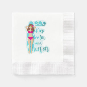 Keep calm and surf on brunette girl Card Napkin