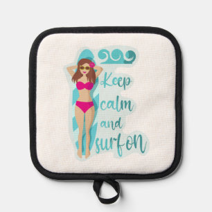 Keep calm and surf on brunette girl Card Pot Holder