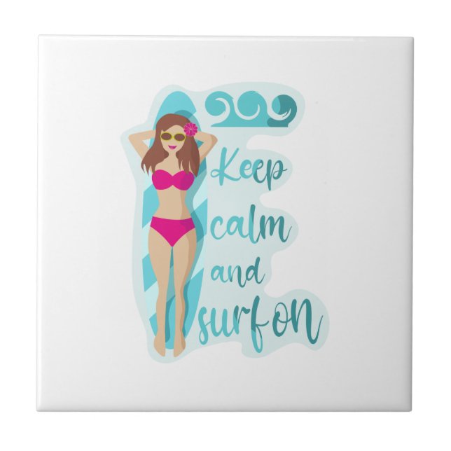 Keep calm and surf on brunette girl Card Tile (Front)