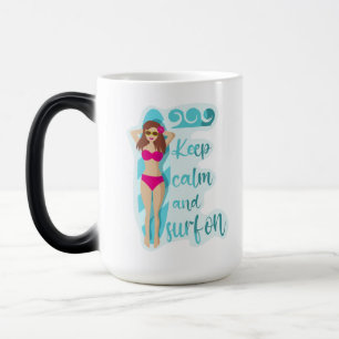 Keep calm and surf on brunette girl  magic mug