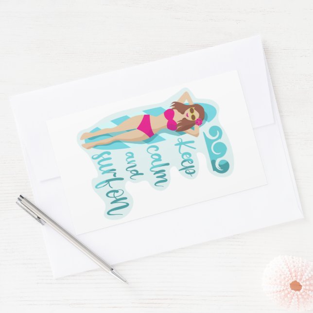 Keep calm and surf on brunette girl  rectangular sticker (Envelope)
