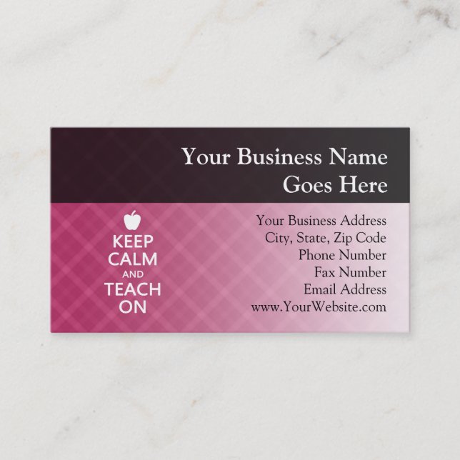 Keep Calm and Teach On, Pink Plaid Business Card (Front)