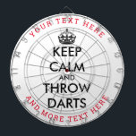 Keep calm and throw darts funny custom dart board<br><div class="desc">Keep calm and throw darts funny custom dart board. Personalised dartboard game with your funny text. Fun Birthday gift idea for kids and adults. Trendy wall decor ideas for home,  pub,  car,  cafe,  restaurant,  man cave,  office and other places to relax. Modern typography template with crown. Custom colours.</div>