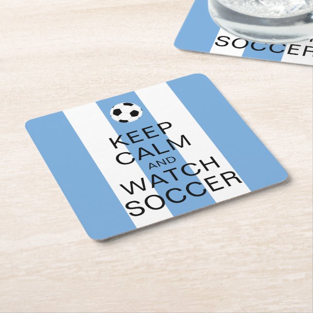 Keep Calm and Watch Soccer Argentina Blue Stripes Square Paper Coaster (Angled)