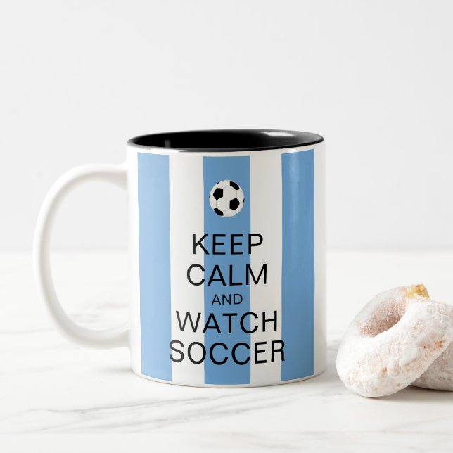 Keep Calm and Watch Soccer Argentina Blue Stripes Two-Tone Coffee Mug (With Donut)