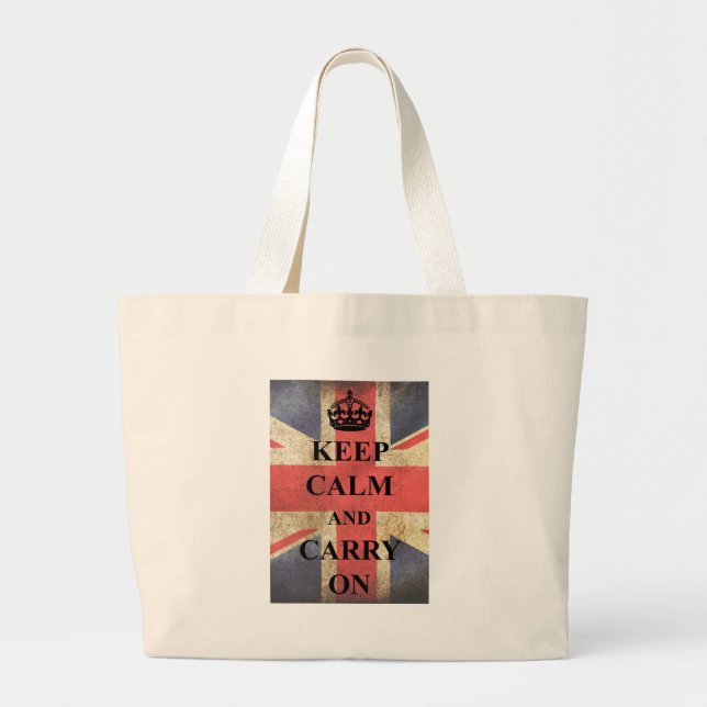 Keep Calm Carry On British Flag Large Tote Bag (Front)