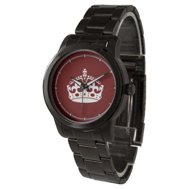 Keep Calm Crown Burgundy Red Accent Watch (Angled)