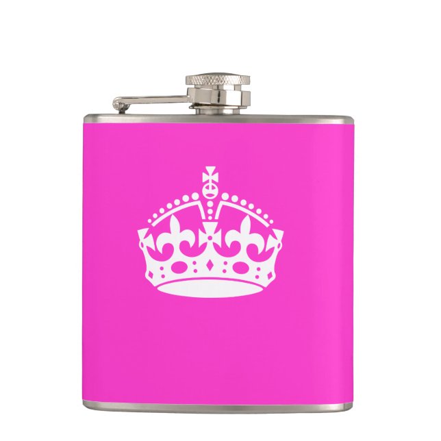 KEEP CALM CROWN Royal Icon on Pink Customise it Hip Flask (Front)