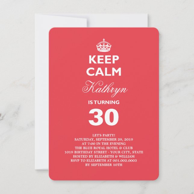 Keep Calm Funny Milestone Birthday Party Invite (Front)