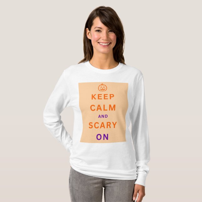 Keep Calm & Scary On Halloween text Orange Pumpkin T-Shirt (Front Full)