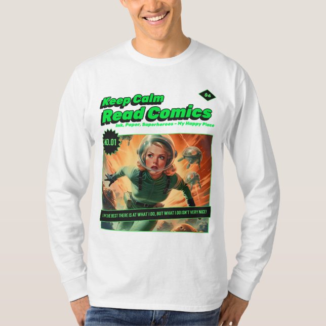 Keep Calm Space Girl Retro Comic Book Long Sleeve T-Shirt (Front)