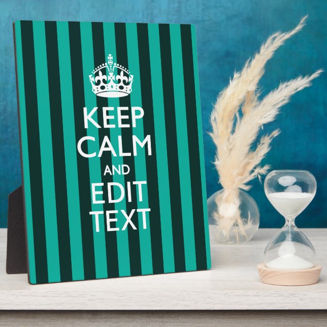 Keep Calm Your Text on Turquoise Stripes Decor Plaque (Side)