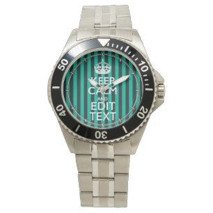 Keep Calm Your Text on Turquoise Stripes Decor Watch