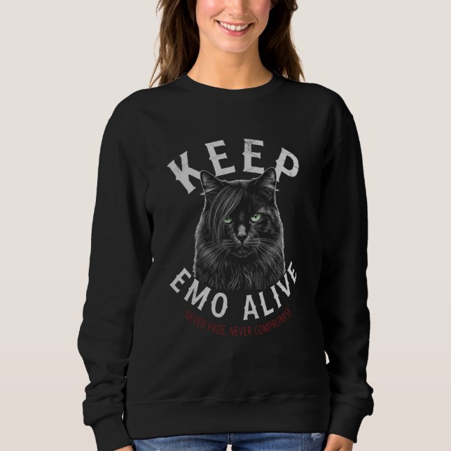 Keep Emo Alive Green Eyed Cat for Gothic Vibes Sweatshirt (Front)