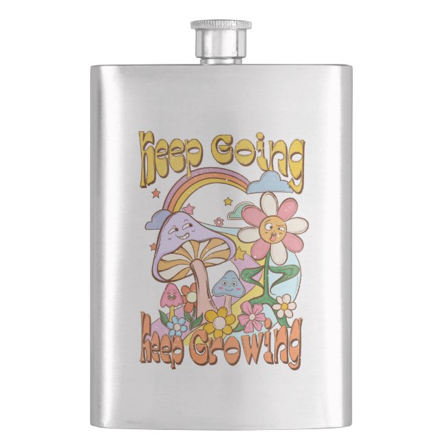 Keep Going, Keep Growing – Mushrooms & Flowers Hip Flask (Front)
