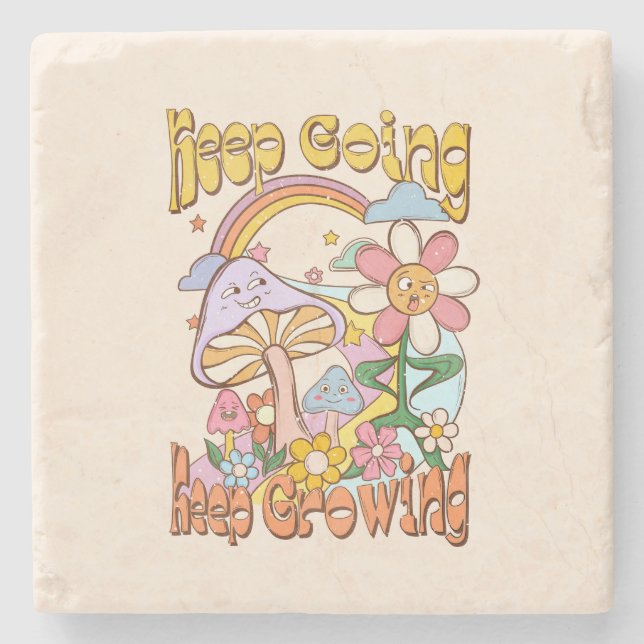 Keep Going, Keep Growing – Mushrooms & Flowers Stone Coaster (Front)