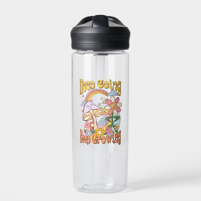 Keep Going, Keep Growing – Mushrooms & Flowers Water Bottle (Front)