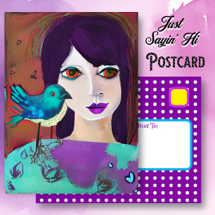 Keep in Touch with a Friend   Girl and Bird  Postcard