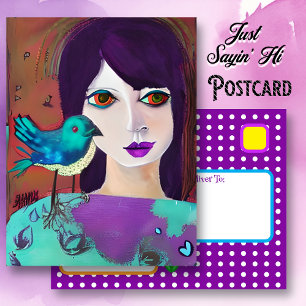 Keep in Touch with a Friend   Girl and Bird  Postcard