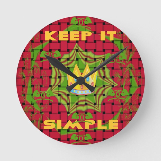 Keep It Simple: Bold Golden Red Woven Floral print Round Clock (Front)