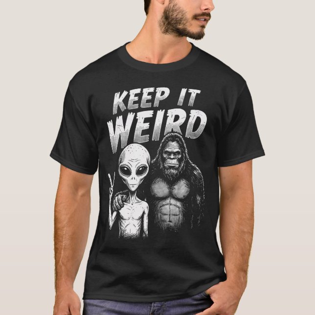Keep It Weird Funny Alien Bigfoot Retro T-Shirt (Front)
