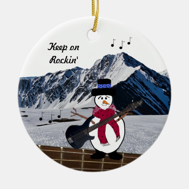 Keep on Rocking Snowman Guitar Ceramic Ornament (Front)