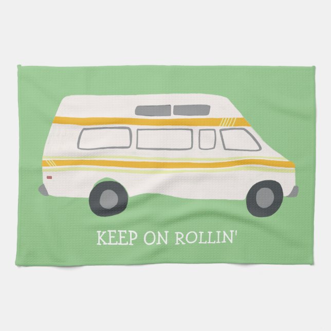 KEEP ON ROLLIN Retro Campervan Motorhome RV Green Tea Towel (Horizontal)