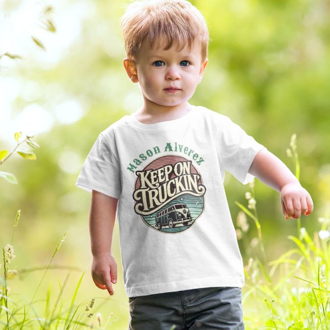 Keep On Truckin’ Retro 60s Personalised  Baby T-Shirt (Keep on truckin’ in groovy 60s style! A vintage tee for road trips, van life, and retro flair.)
