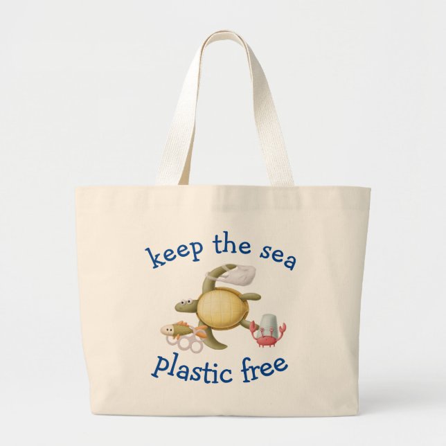 Keep Our Sea Plastic Free Sea Life Turtle Large Tote Bag (Front)