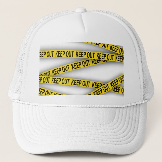Keep out stay away do not cross police tape 3d trucker hat (Front)
