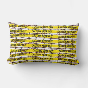 Keep Out! Yellow Tape and Barbed Wire Lumbar Cushion